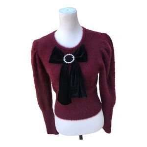 Zara Burgundy Bow Rhinestone Broach Long Sleeve Fuzzy Knit Sweater Top Sz S $129
